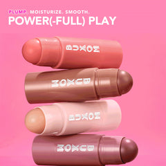 BUXOM Power-Full Plumping Lip Balm First Crush application close-up shows smooth satin finish