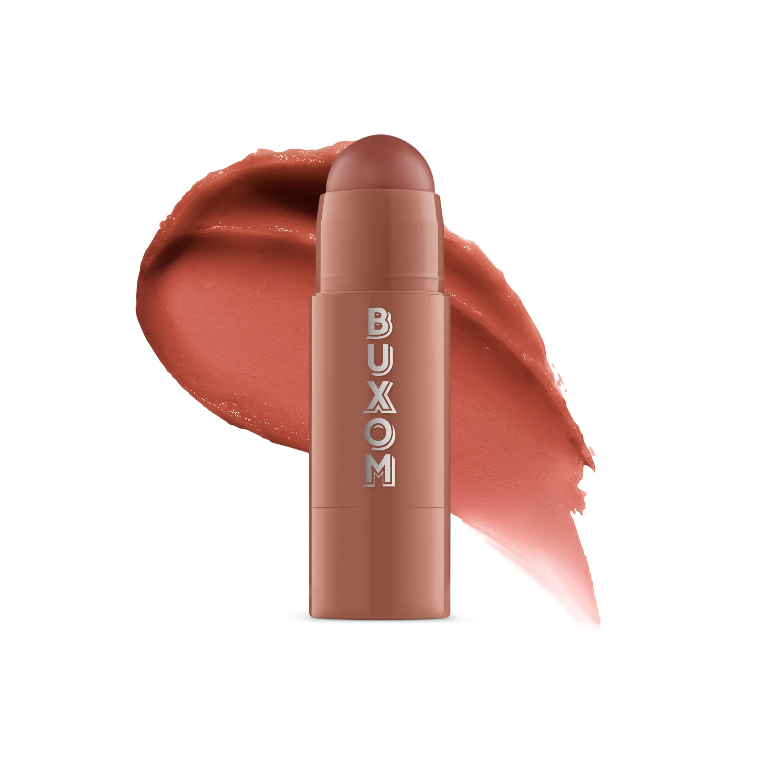 Buxom Power-Full Plumping Lip Balm Inner Glow tube close-up showcases a buildable tint and hydrating feel.