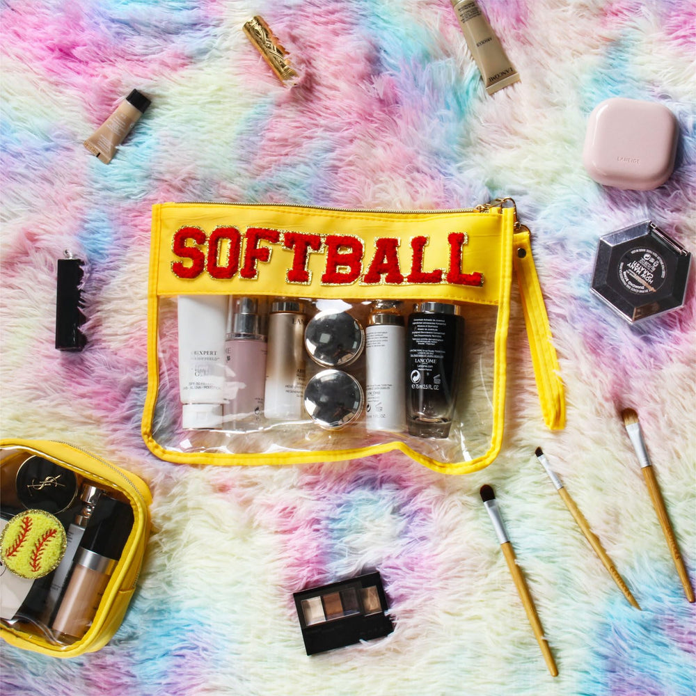 BuyCard chenille letter patch closeup on softball makeup bag showing soft texture and personalization.