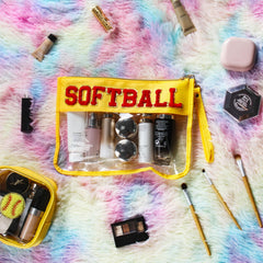 BuyCard chenille letter patch closeup on softball makeup bag showing soft texture and personalization.