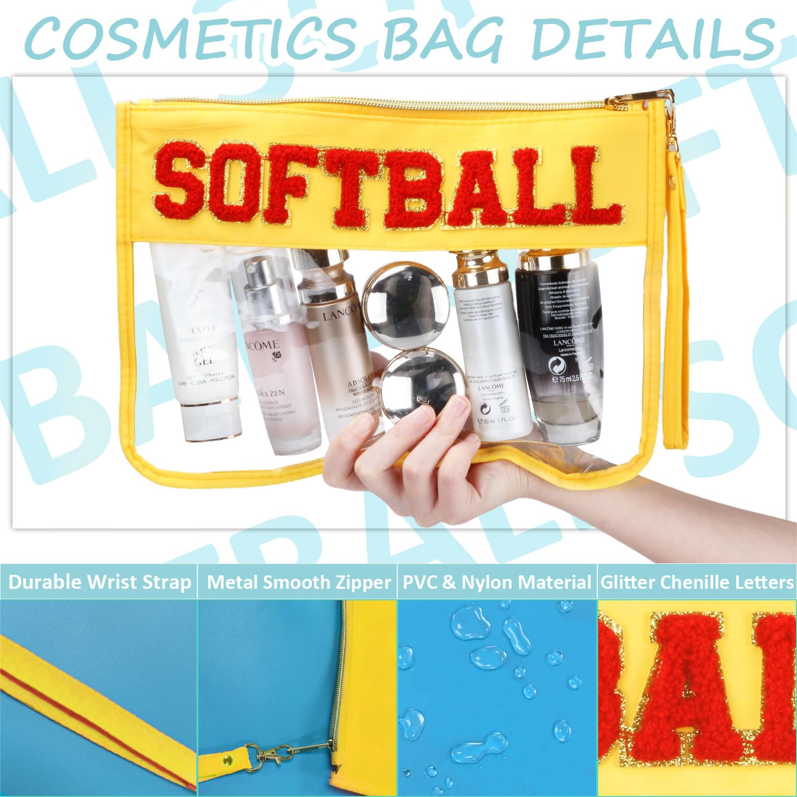 BuyCard clear cosmetic pouch PVC material showcasing contents with waterproof protection.