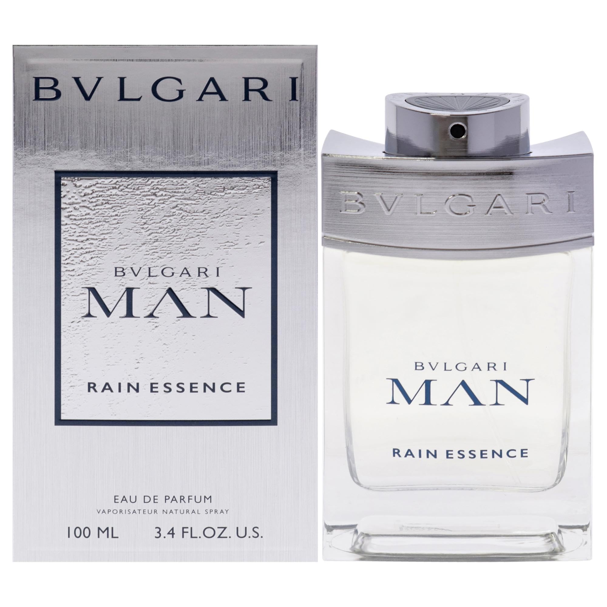 BVLGARI Man Rain Essence bottle with a fresh woody musk profile for daily wear.