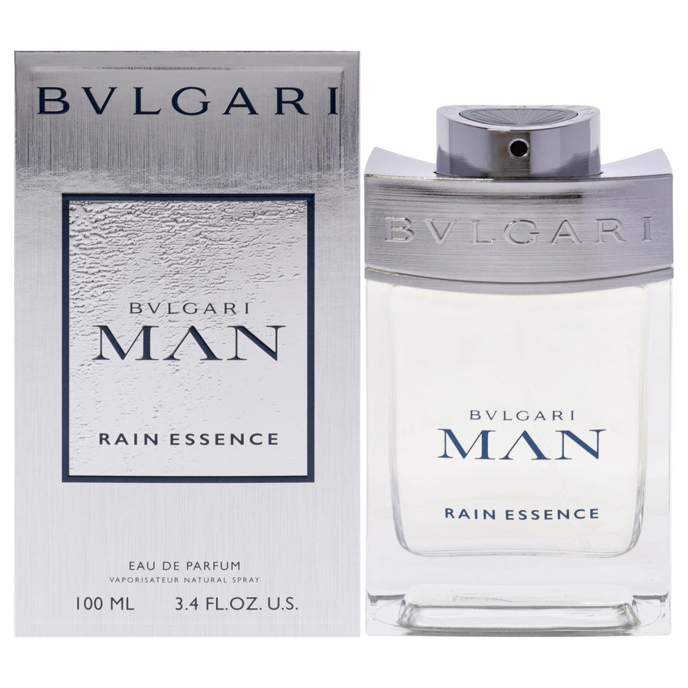 BVLGARI Man Rain Essence bottle with a fresh woody musk profile for daily wear.