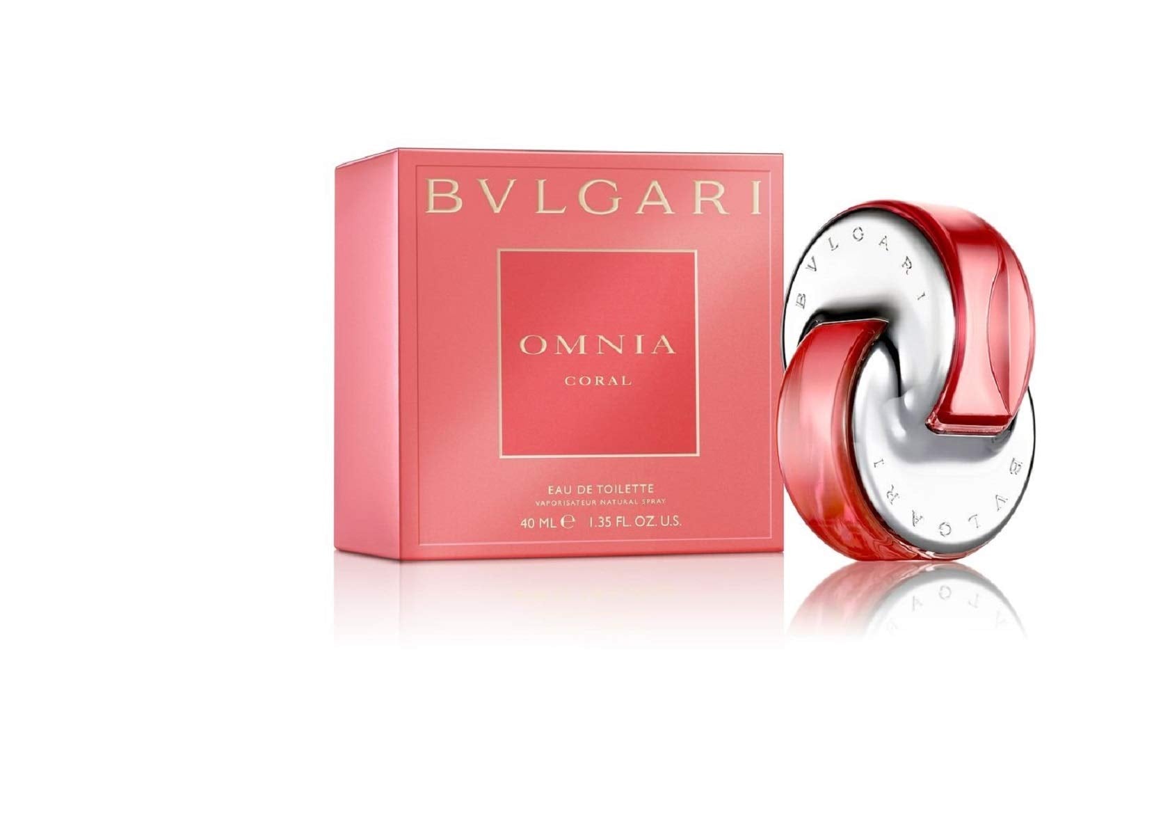BVLGARI Omnia Coral bottle close-up highlights elegant design for romantic evenings.