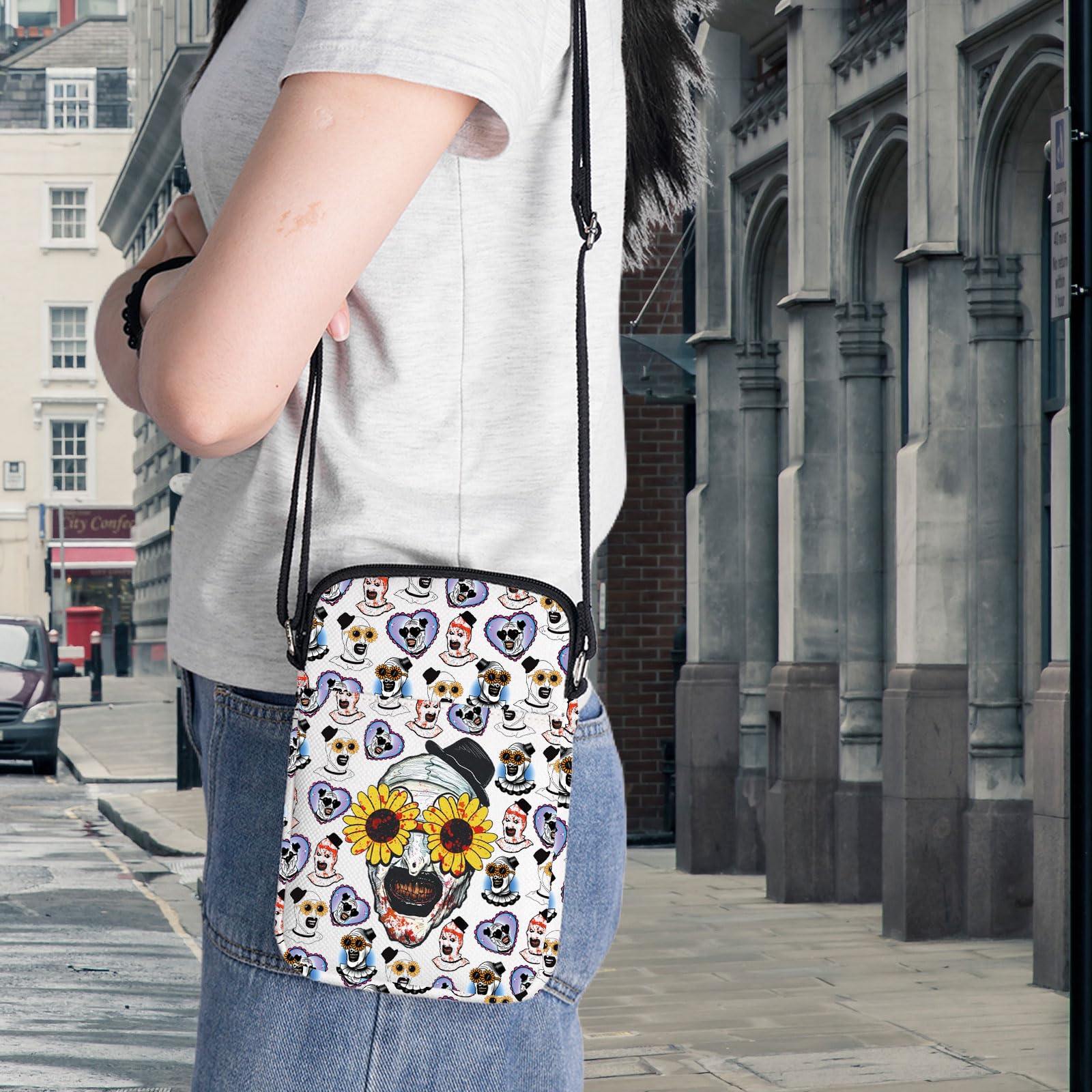 BWWKTOP Horror Clown Crossbody Bag back pocket view shows organized storage potential