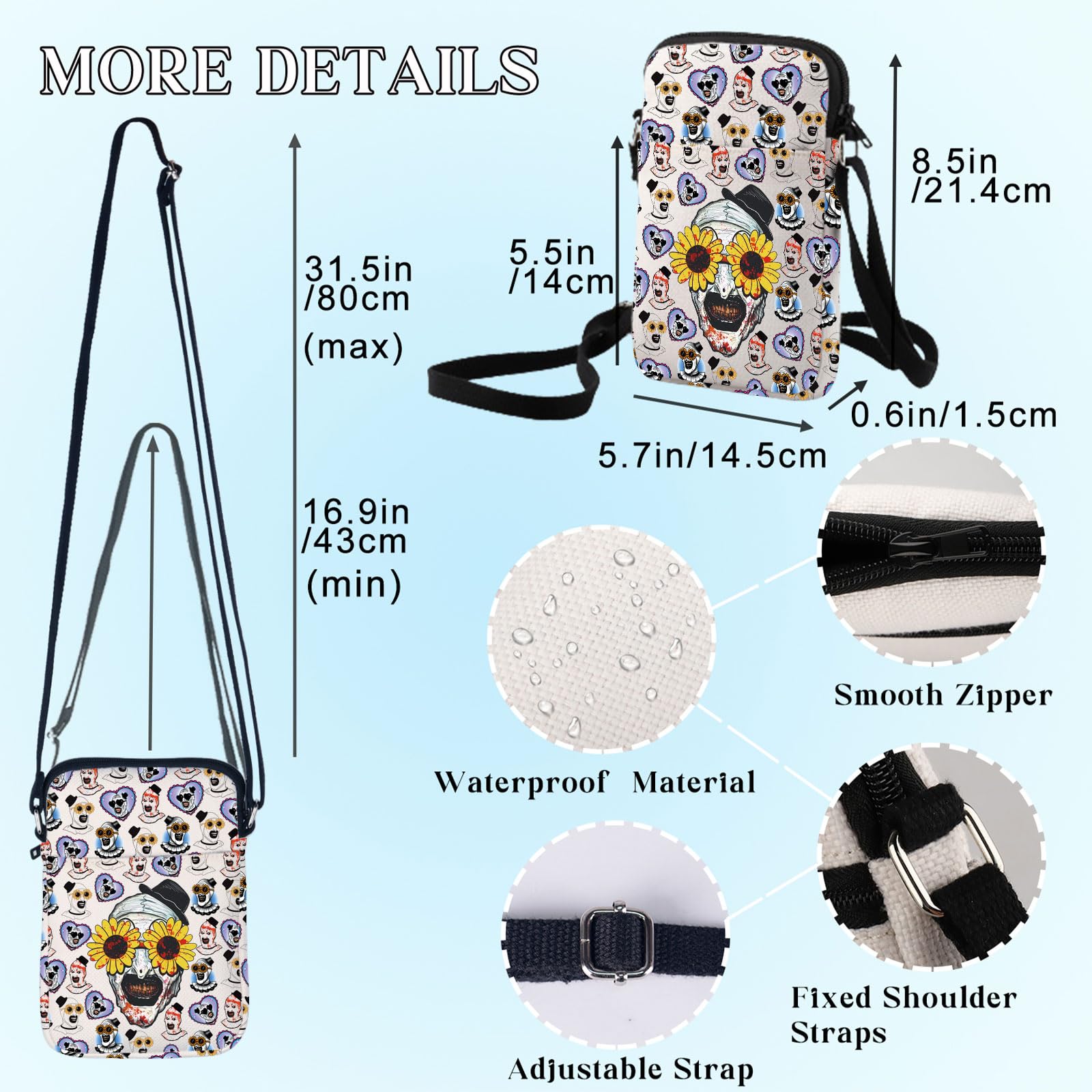 BWWKTOP Horror Clown Crossbody Bag main zipper pocket view for secure essentials