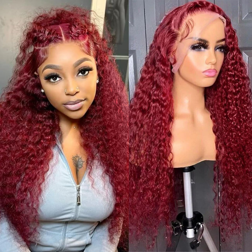 Bworto 30-inch burgundy wig close-up shows deep wave lace-front for natural fall