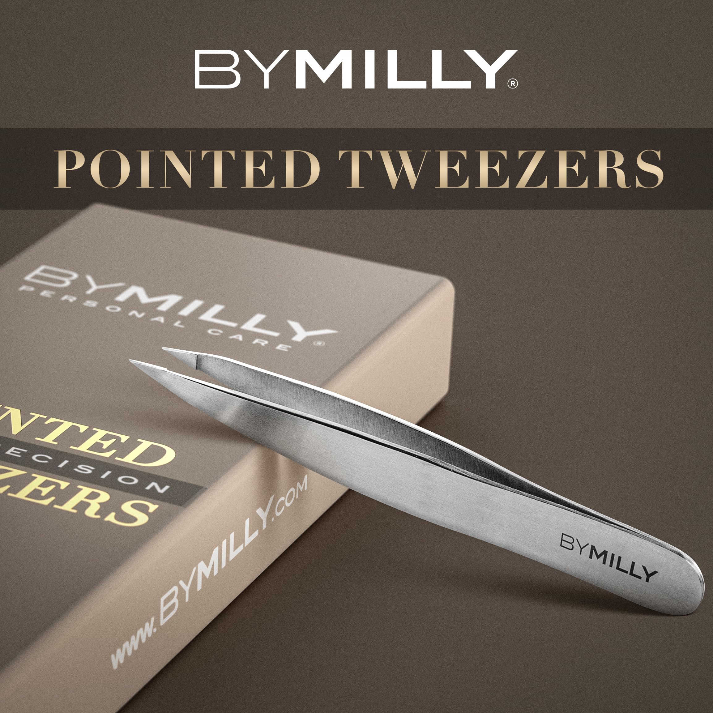 By MILLY pointed tweezers hand-aligned tips demonstrate reliable grip on stubborn hairs.