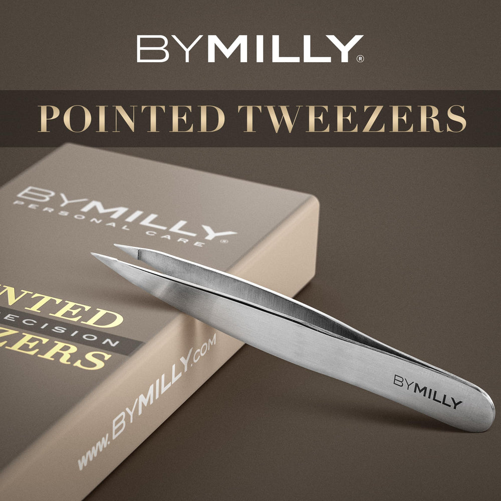 By MILLY pointed tweezers hand-aligned tips demonstrate reliable grip on stubborn hairs.