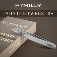 By MILLY pointed tweezers hand-aligned tips demonstrate reliable grip on stubborn hairs.