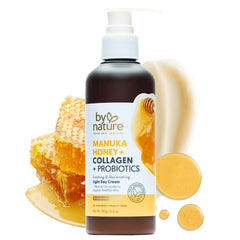 By Nature Manuka Honey Day Cream bottle demonstrates rich hydration for daily glow