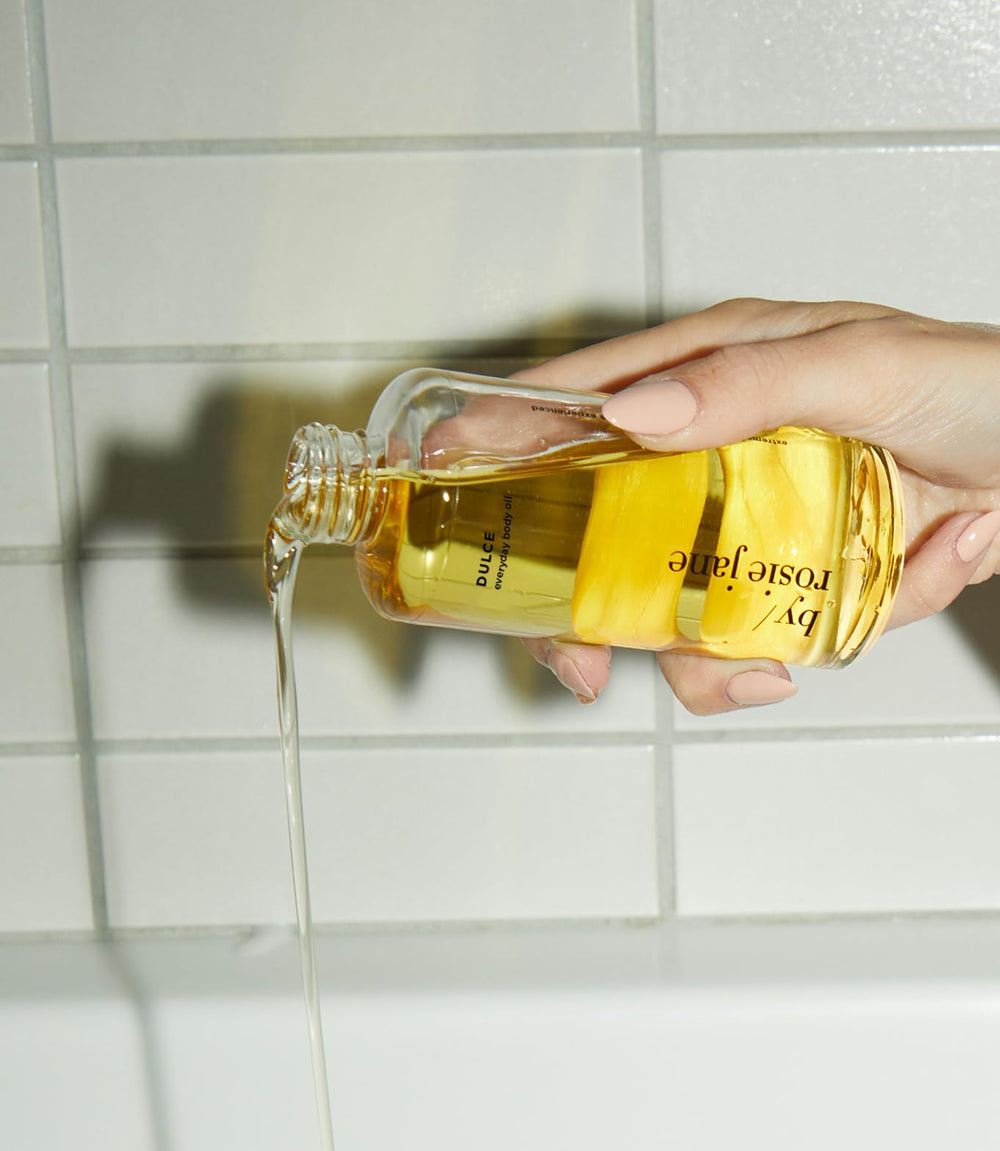 By Rosie Jane body oil application on damp skin for quick absorption and lasting softness.