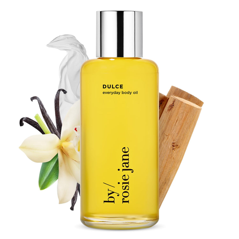 By Rosie Jane Everyday Body Oil Dulce bottle close-up highlighting hydrating nourishment for dry skin with vanilla aroma.