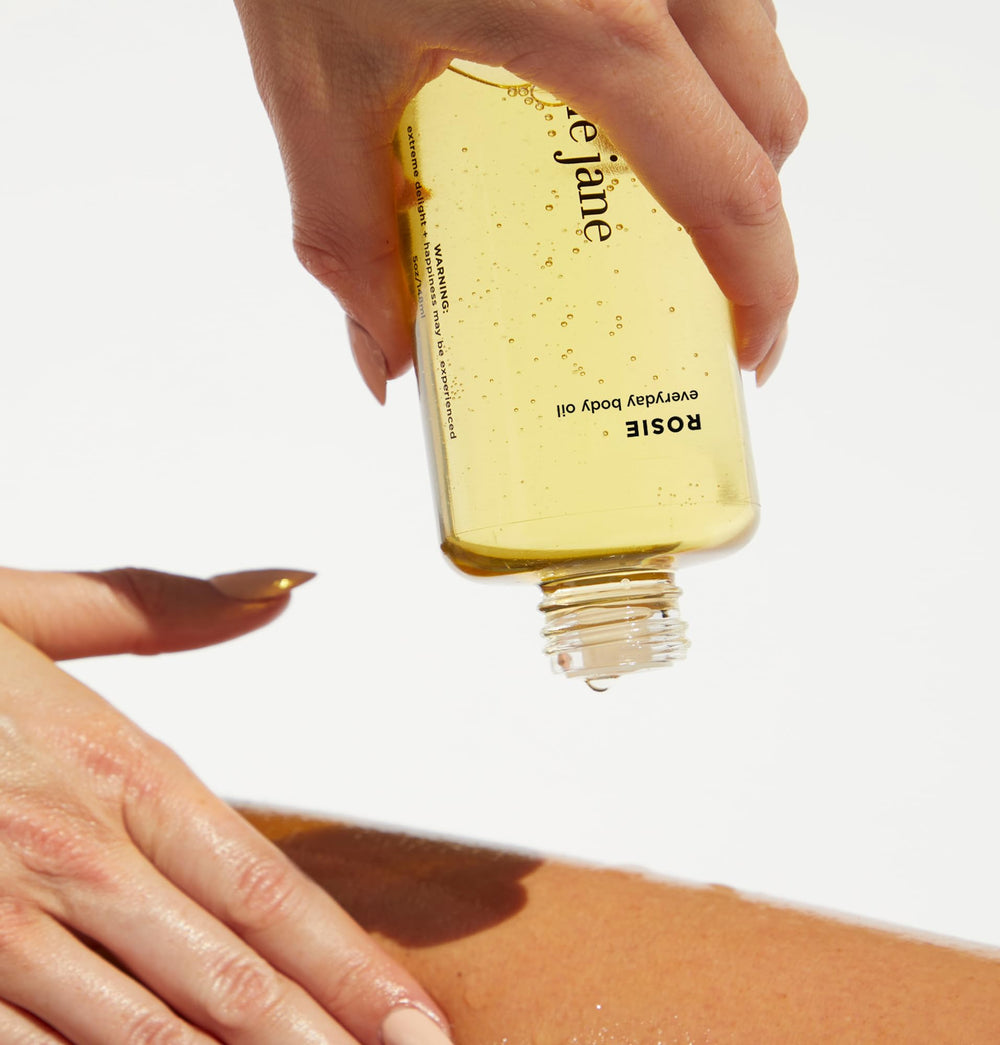 By Rosie Jane Everyday Body Oil texture close-up highlighting smooth, even skin.