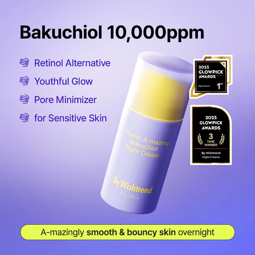 BY WISHTREND Bakuchiol night cream label close-up highlights award-winning lineage and ingredients.