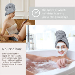 BYCOO hair towel with elastic loop in use for hands-free secure wrap