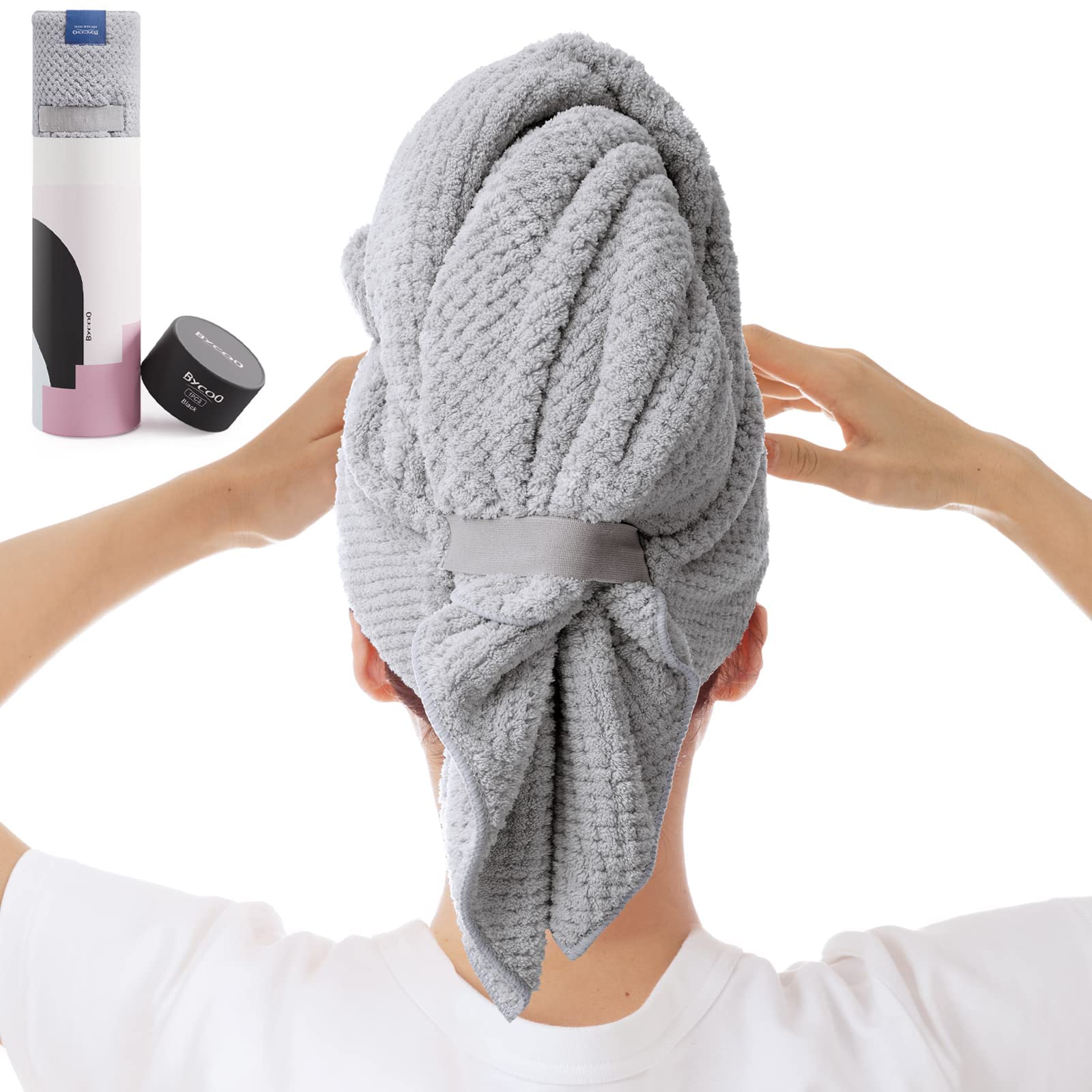 BYCOO hair towel wrap close-up shows absorbent microfiber for fast drying