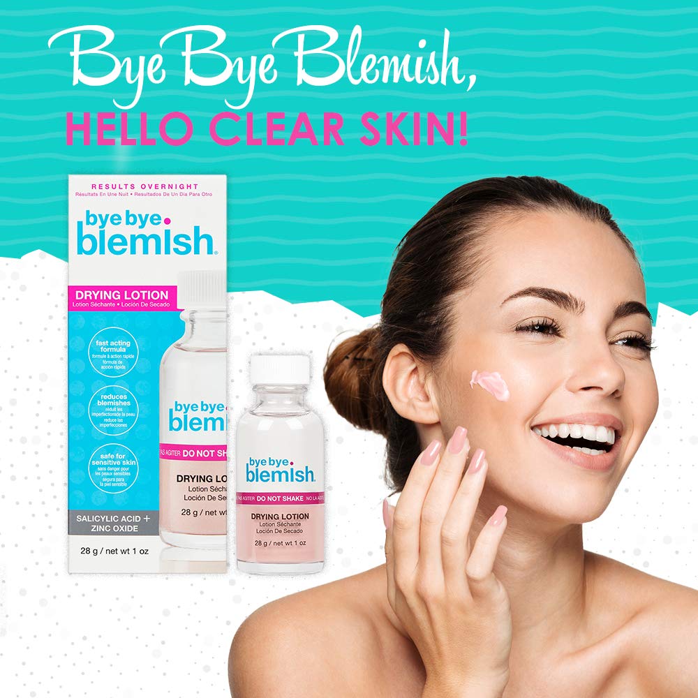 Bye Bye Blemish bottle with dab on a pimple demonstration