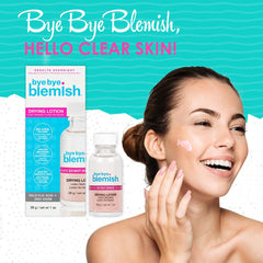 Bye Bye Blemish bottle with dab on a pimple demonstration