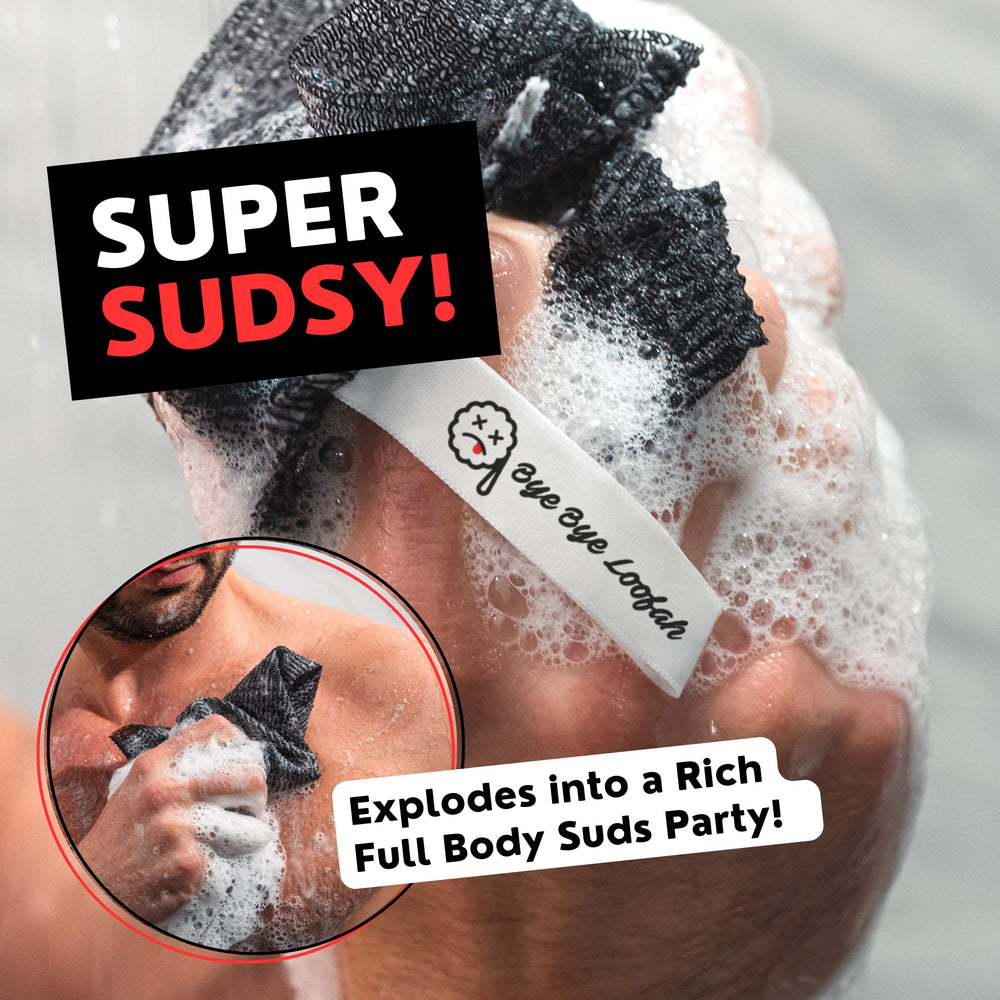 Bye Bye Loofah ultra-lather delivers lasting suds during showering.