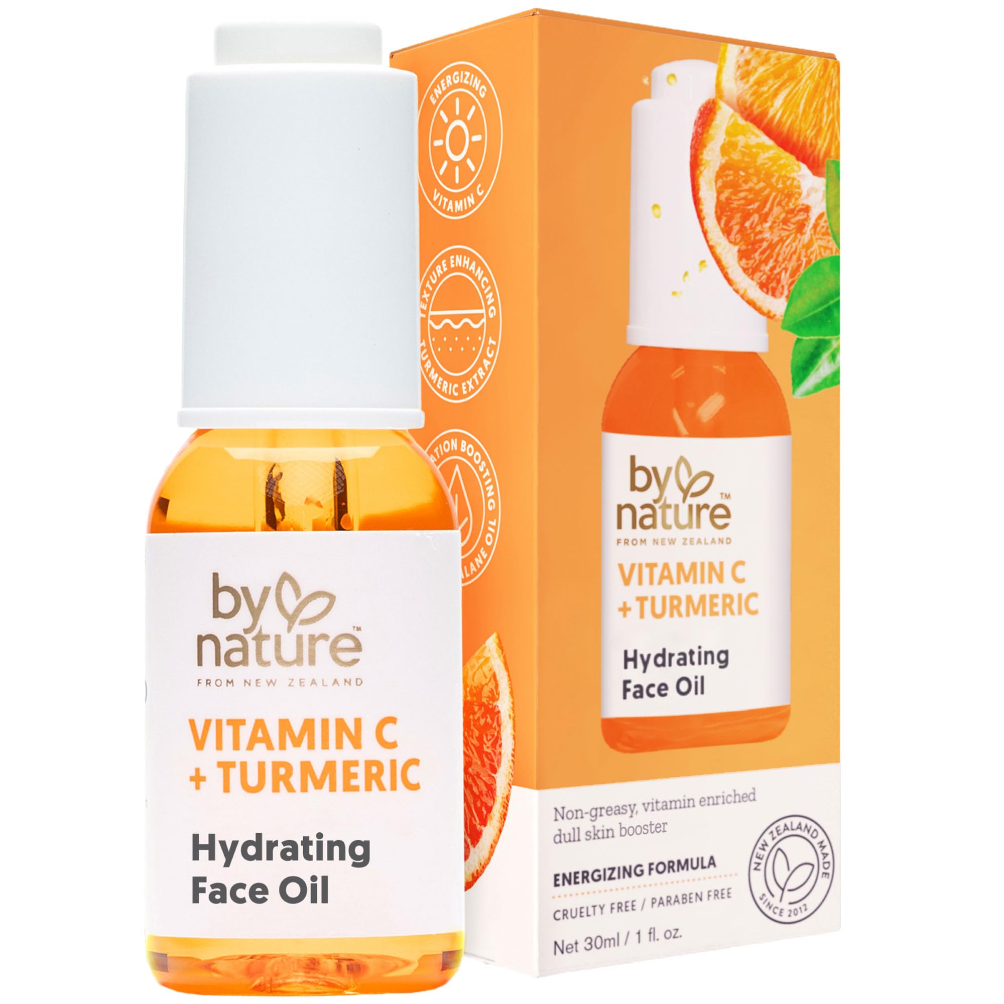 By Nature Brightening Face Oil bottle-pump shows vitamin C-rich formula for radiant skin.