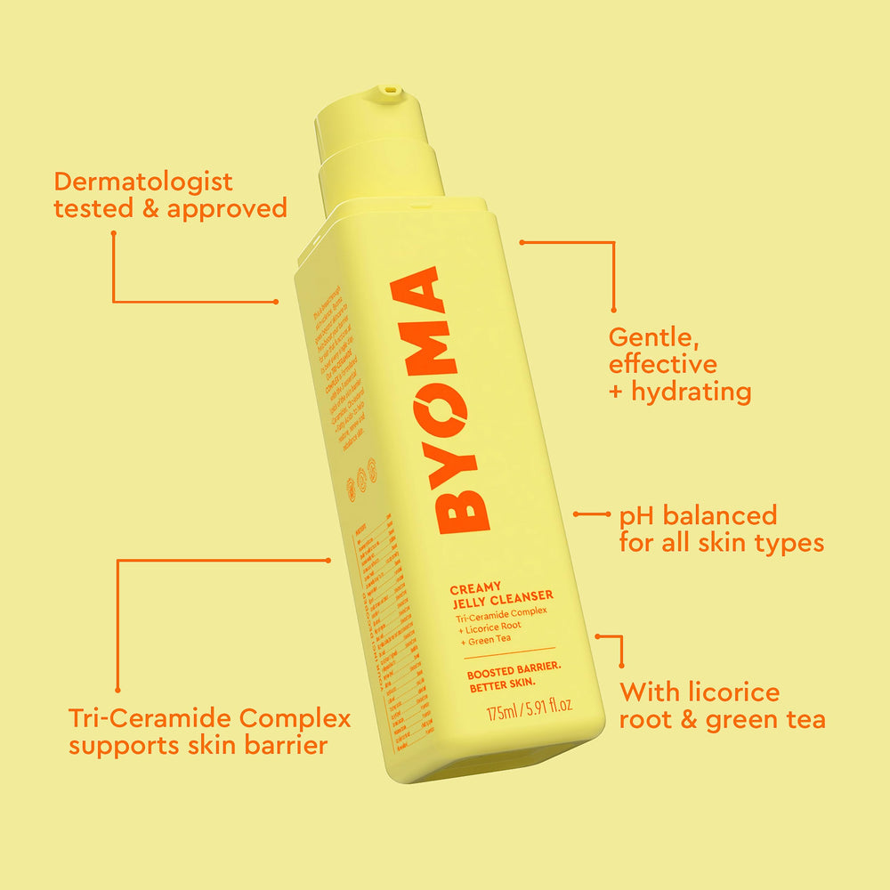 BYOMA jelly cleanser barrier-boost Tri-Ceramide close-up showing hydration benefits