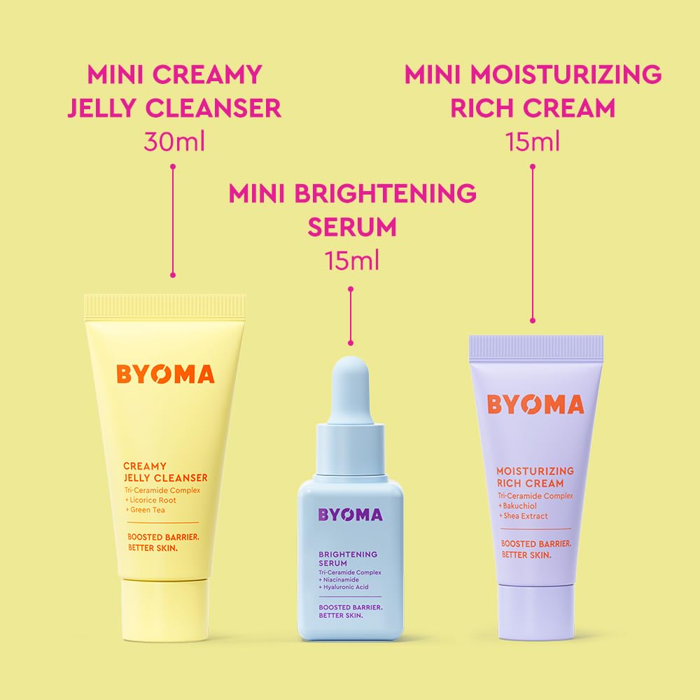BYOMA So Bright Set brightening serum dropper glistens, suggesting support for a more even skin tone.
