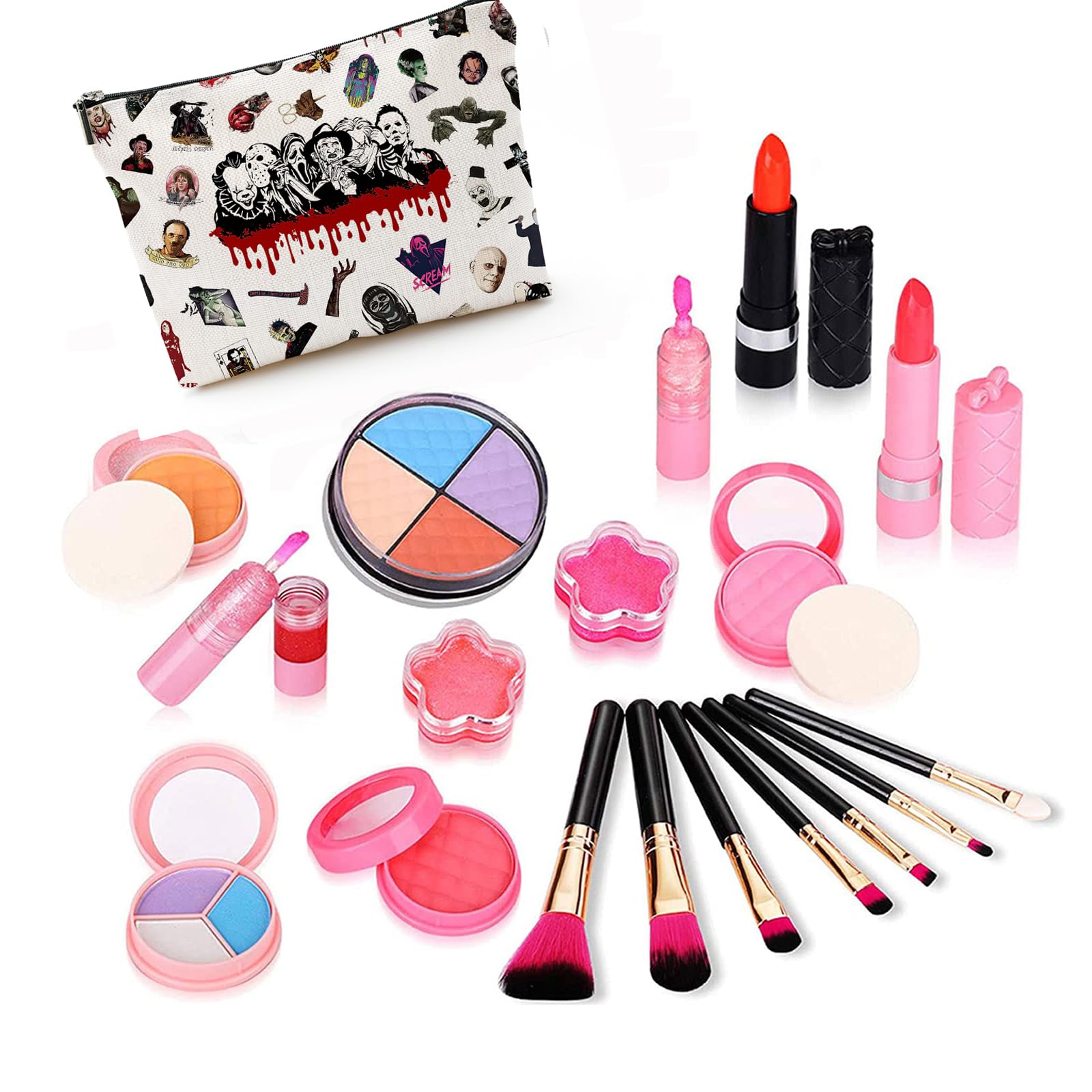 Byqone Horrible Movie makeup bag closed zip, secure compartments for cosmetics on the go.