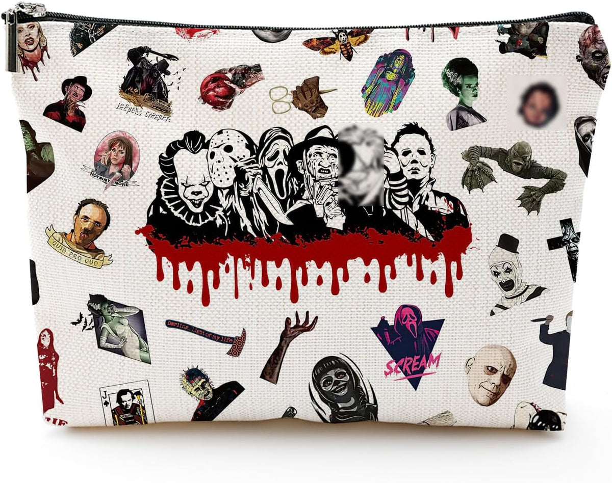 Byqone Horrible Movie makeup bag front view, compact storage for cosmetics and essentials.