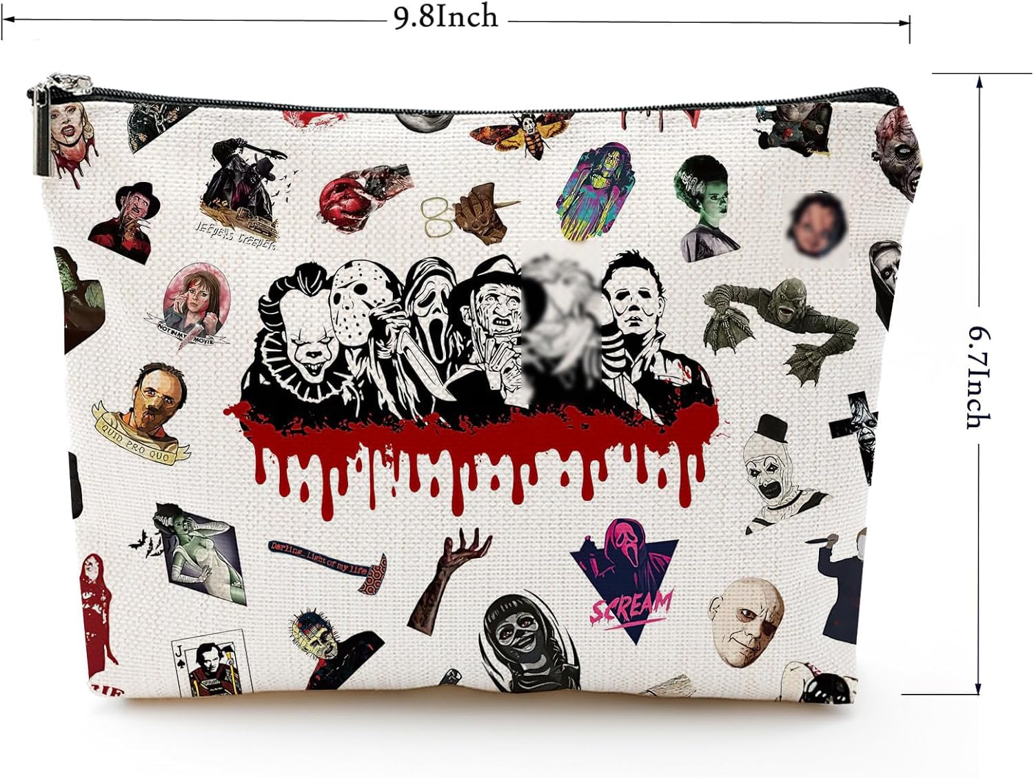 Byqone Horrible Movie makeup bag side view, travel-ready organization for daily vanity items.