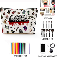 Byqone Horrible Movie makeup bag with contents, showing capacity for cosmetics and small gadgets.