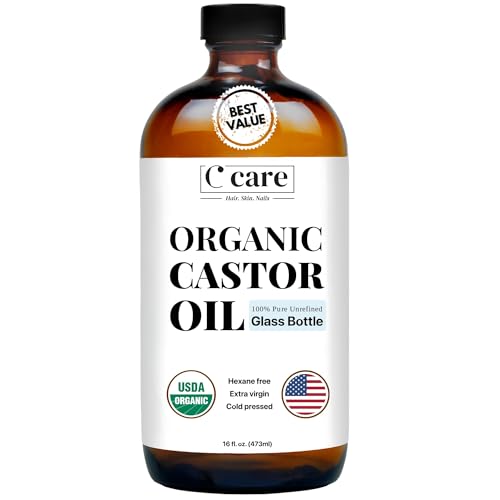 C CARE Castor Oil amber bottle close-up highlighting pure organic quality for skincare and hair care.