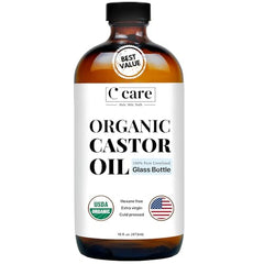 C CARE Castor Oil amber bottle close-up highlighting pure organic quality for skincare and hair care.