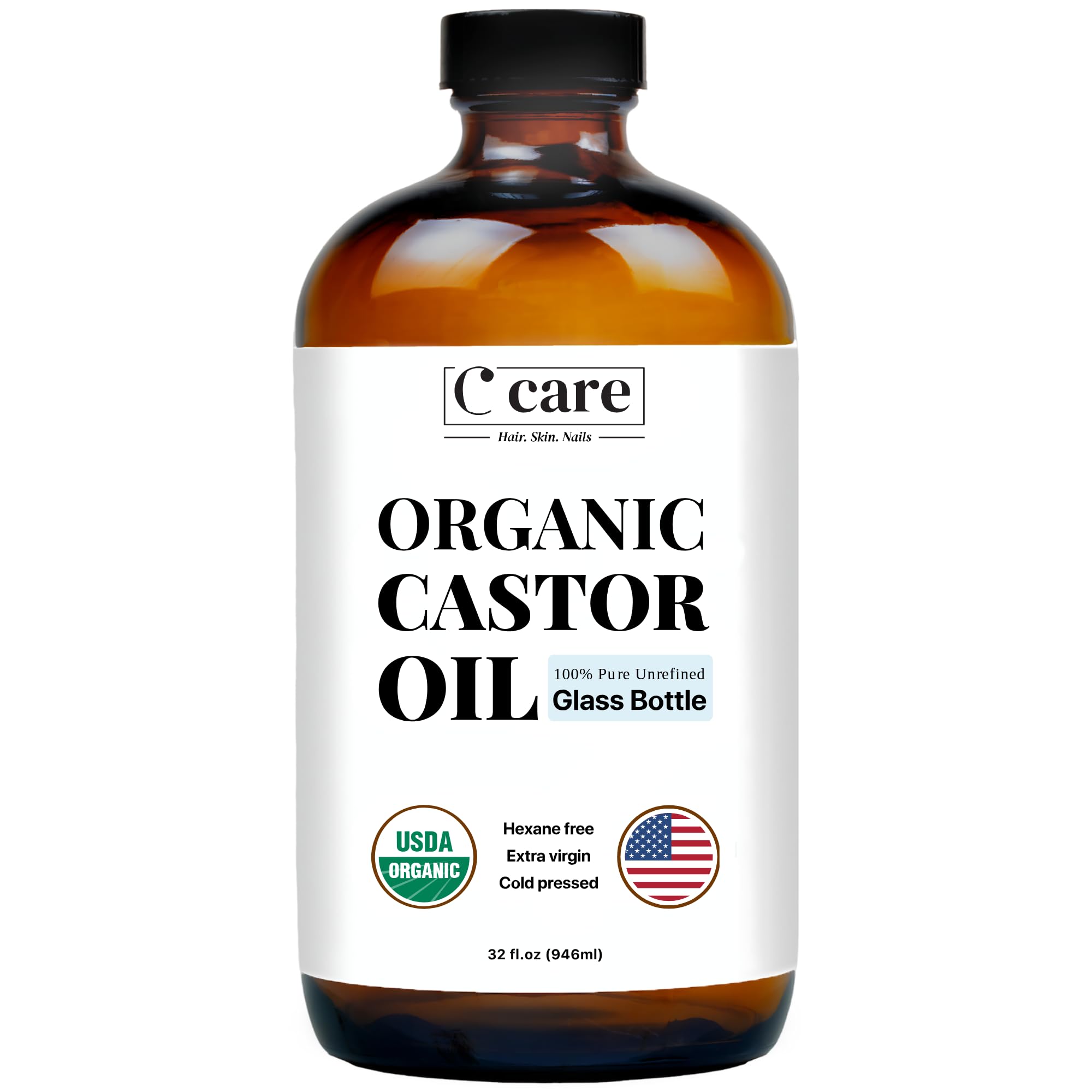 C CARE Castor Oil bottle close-up, showcasing purity for hair growth and skin hydration.