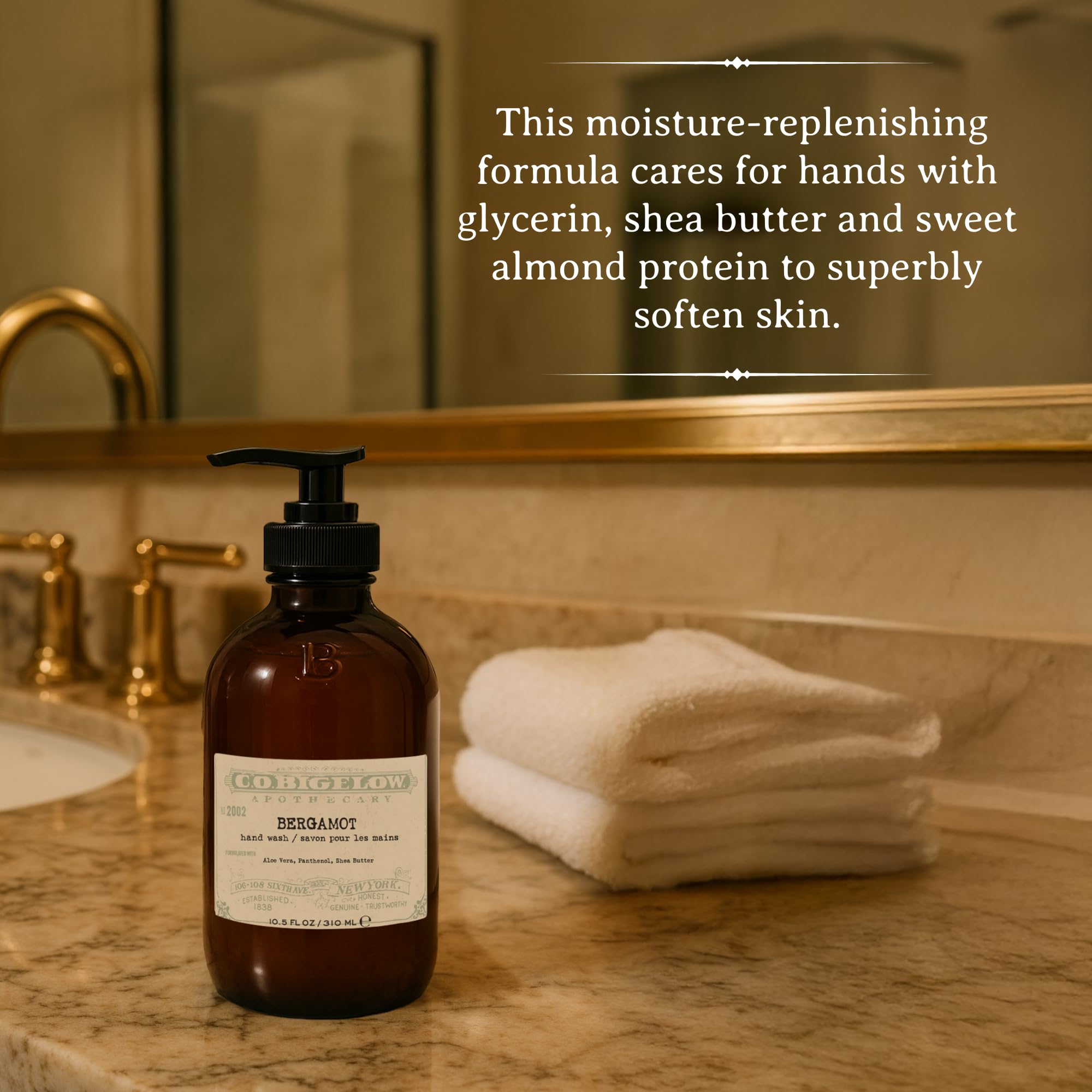 C. O. Bigelow Bergamot Hand Wash ingredients-shea-aloe demonstrates nourishing moisture during washing.