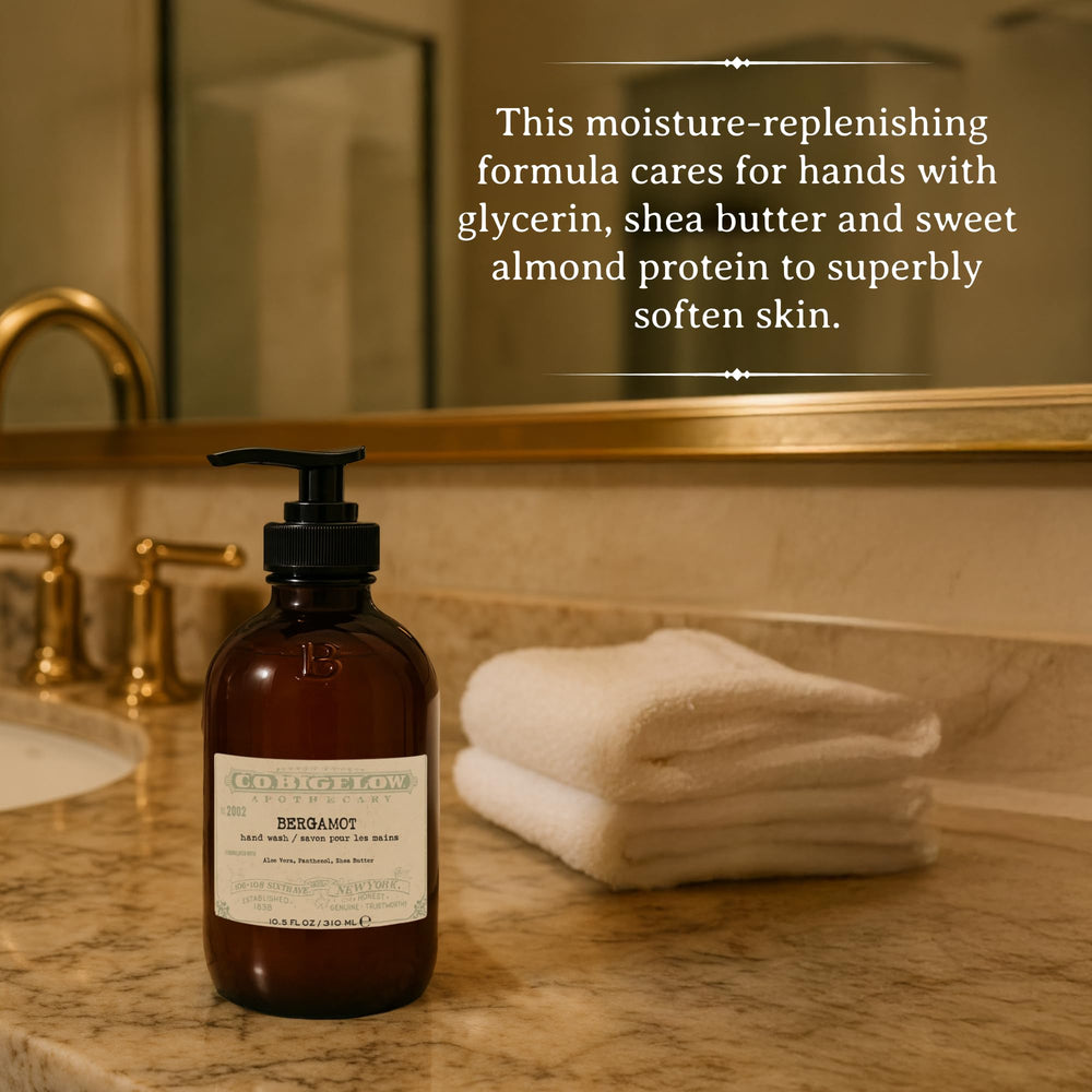 C. O. Bigelow Bergamot Hand Wash ingredients-shea-aloe demonstrates nourishing moisture during washing.