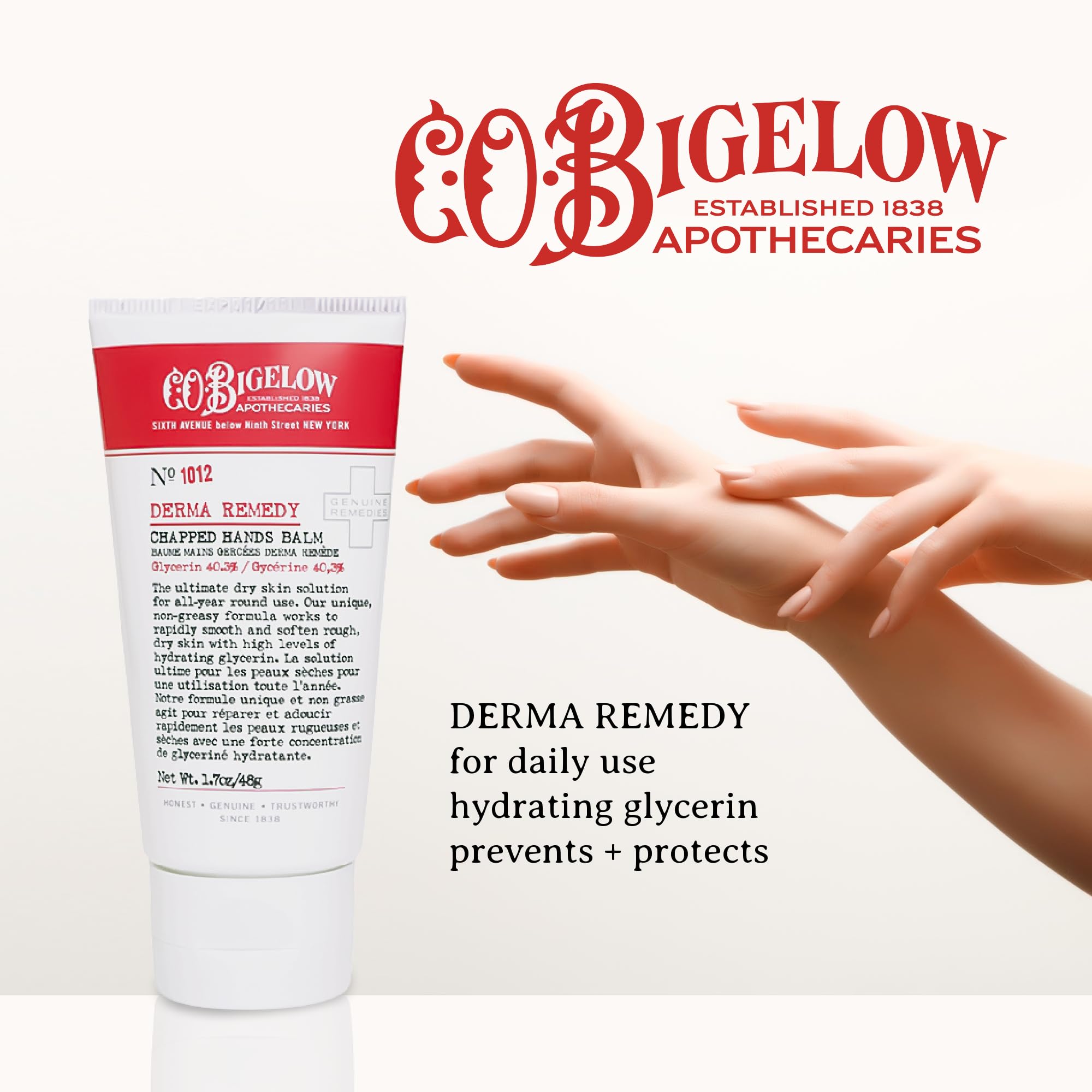 C O Bigelow Chapped Hands Balm on hands demonstrates non greasy moisture for daily tasks