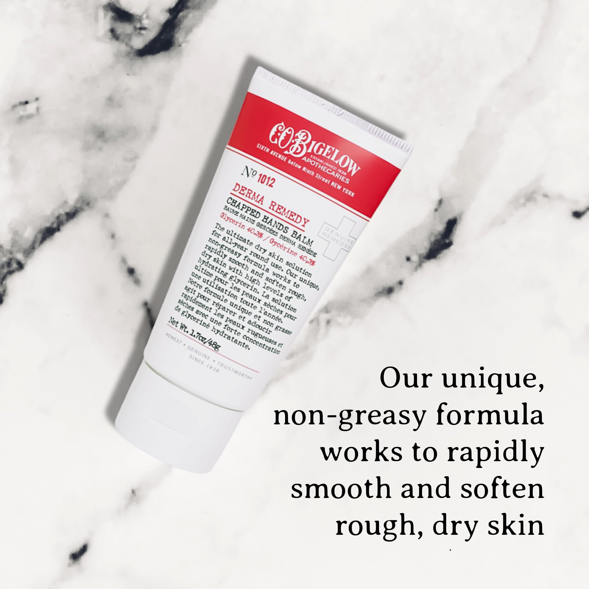 C O Bigelow Chapped Hands Balm packaging label highlighting USA made and paraben free