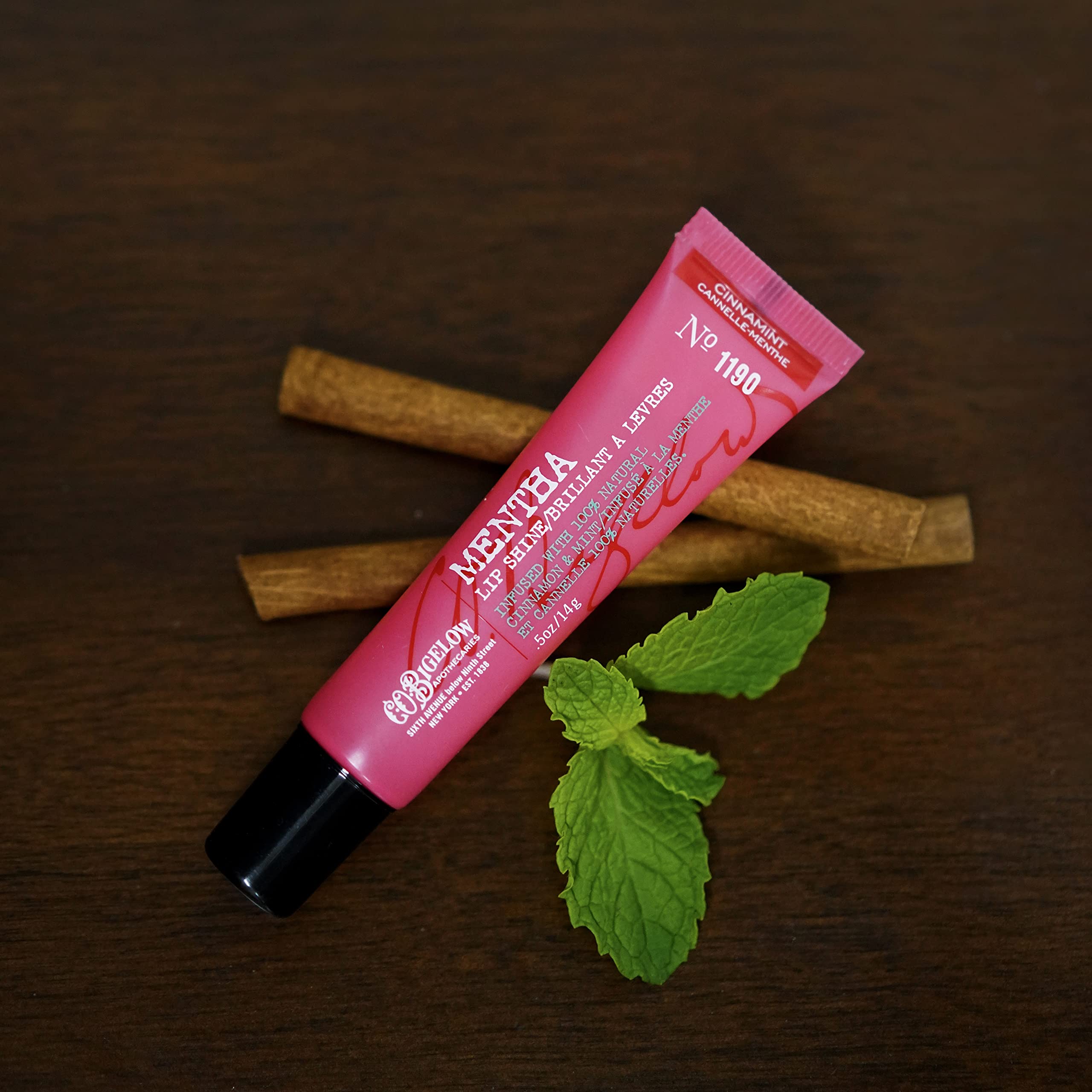 C.O. Bigelow cinnamint lip shine close-up shows high-gloss shine and refreshing aroma.