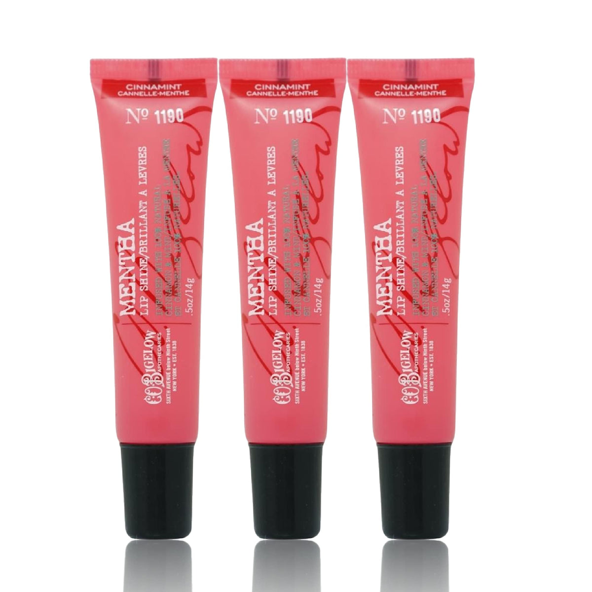 C.O. Bigelow cinnamint lip shine tubes in front provide on-the-go hydration with a glossy finish.