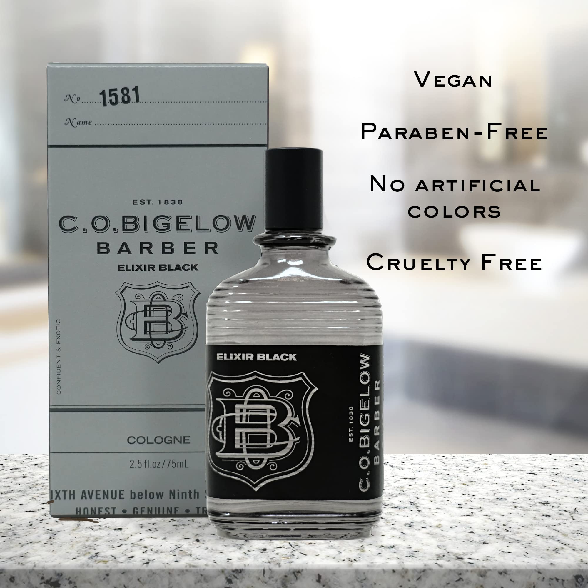 C. O. Bigelow Elixir Black bottle closeup highlights musk and vanilla notes.