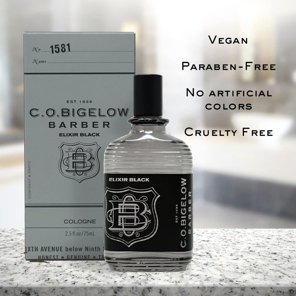 C. O. Bigelow Elixir Black bottle closeup highlights musk and vanilla notes.