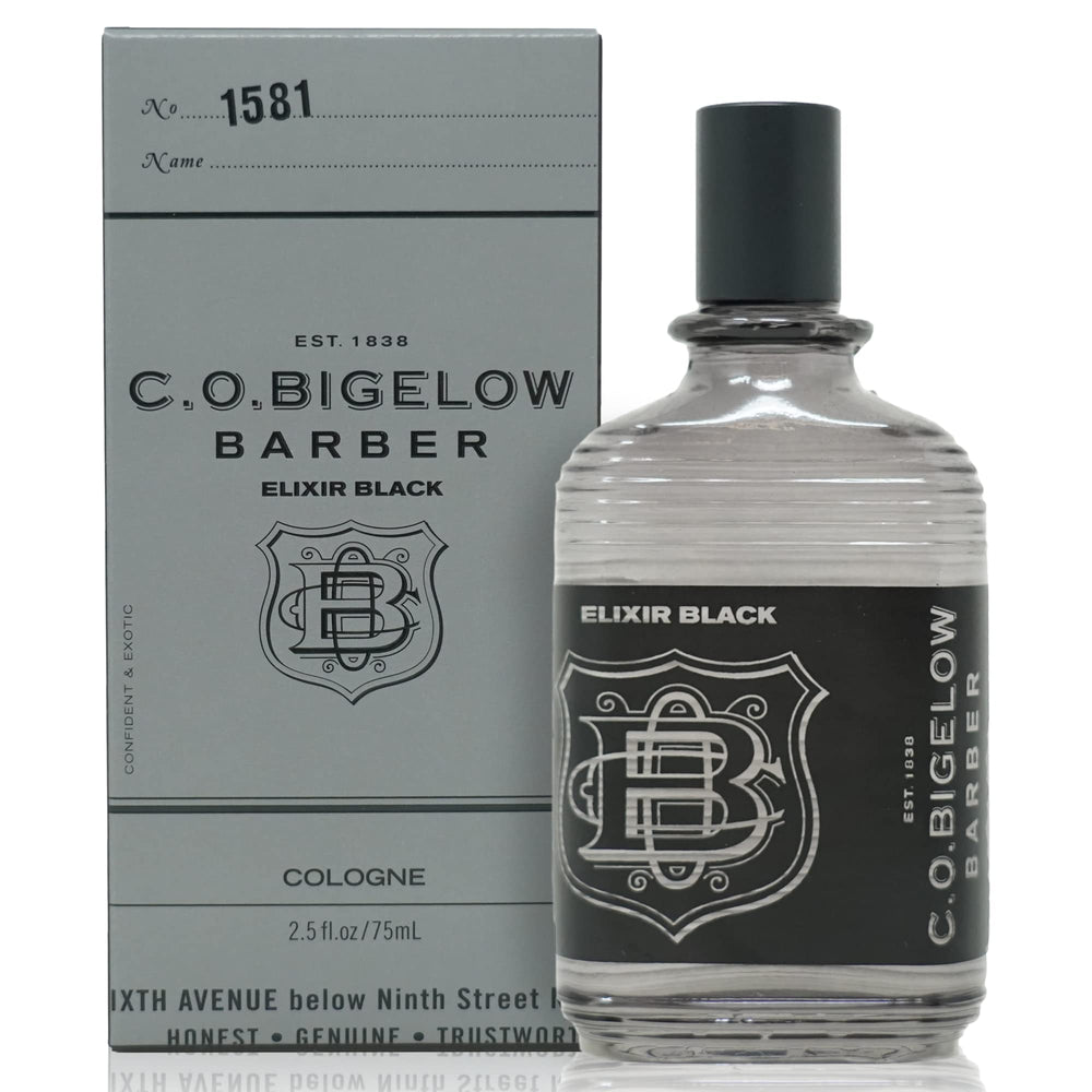 C. O. Bigelow Elixir Black bottle on vanity, ideal for daily refined wear.