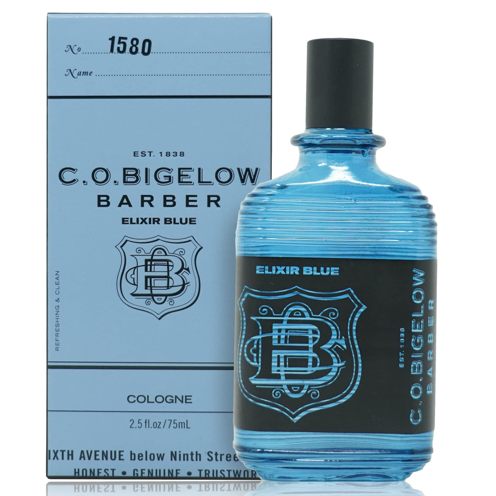 C.O. Bigelow Elixir Blue bottle on vanity, signaling a long-lasting marine fragrance.