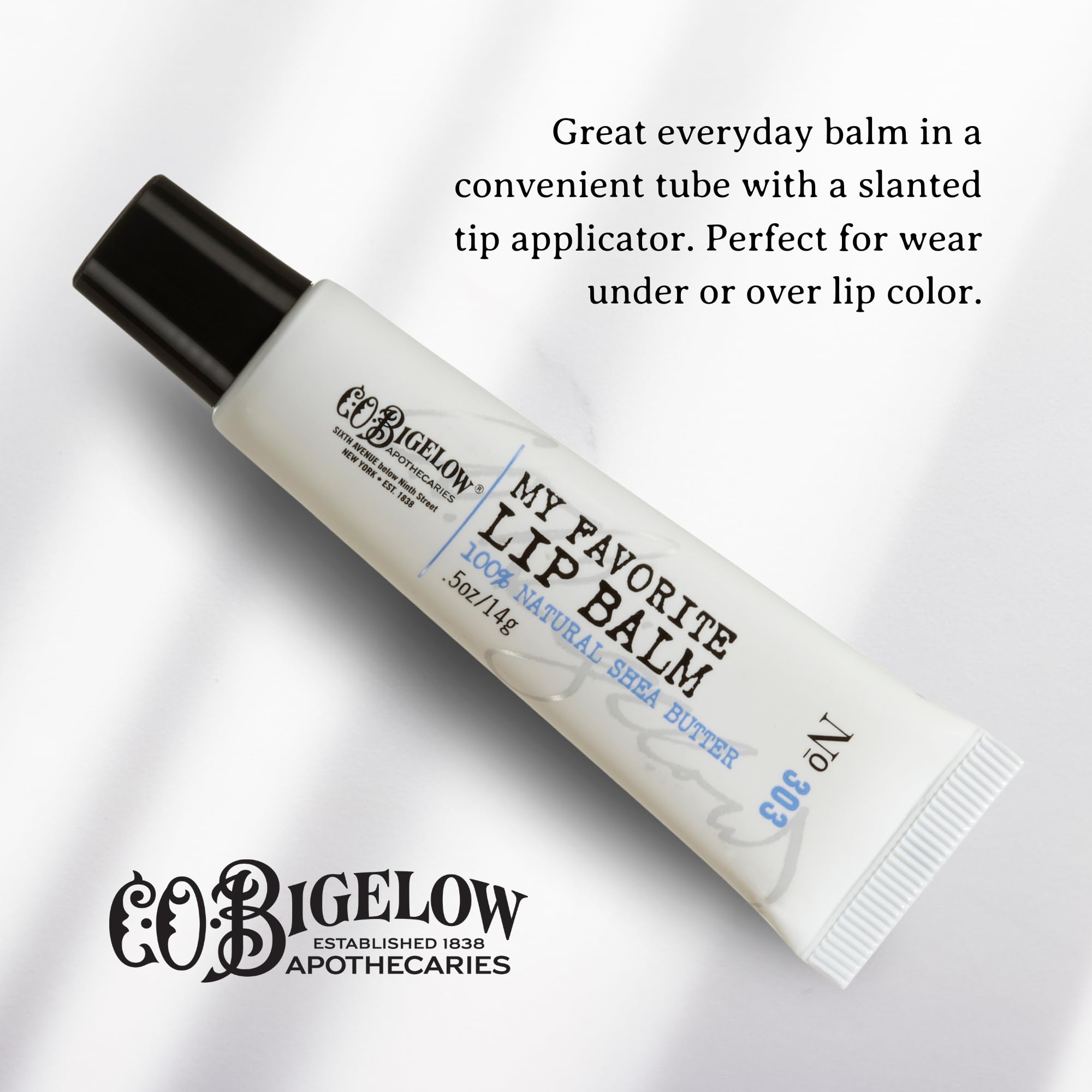 C. O. Bigelow lip balm tubes featuring shea butter and jojoba nourish lips.