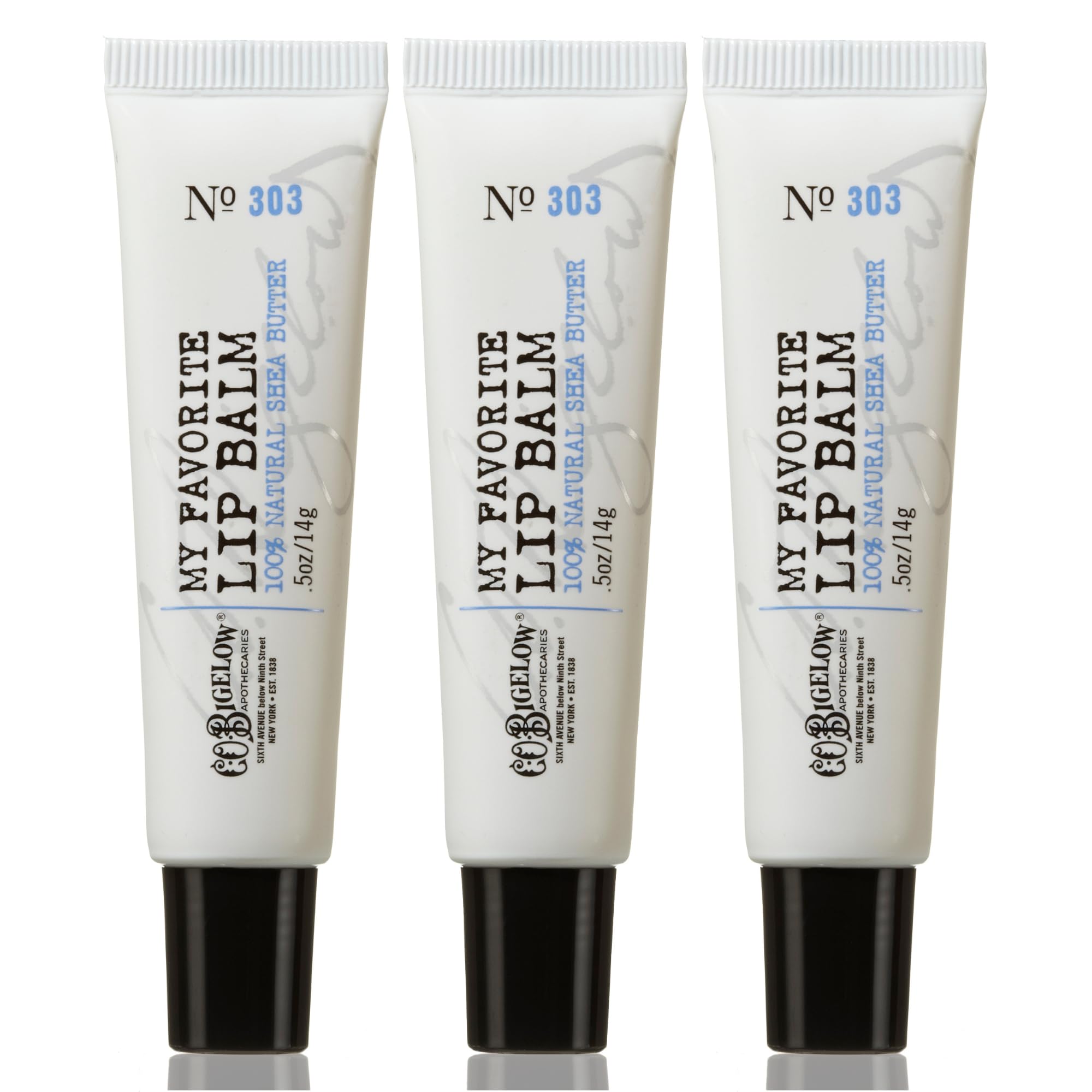 C. O. Bigelow lip balm tubes shown for home, bag, and desk hydration.