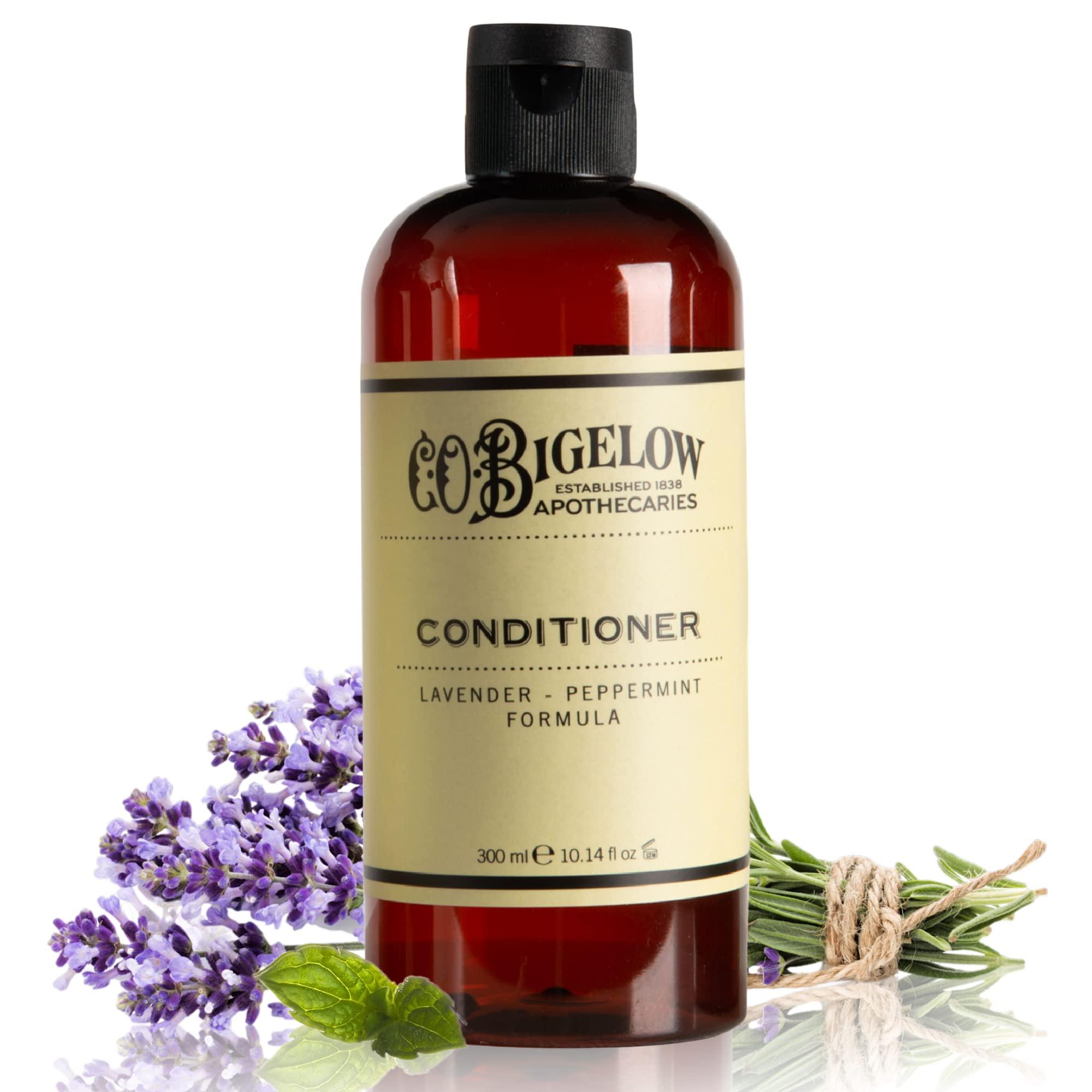 C.O. Bigelow Lavender Peppermint Conditioner bottle on vanity shows hydrating nourishment for hair
