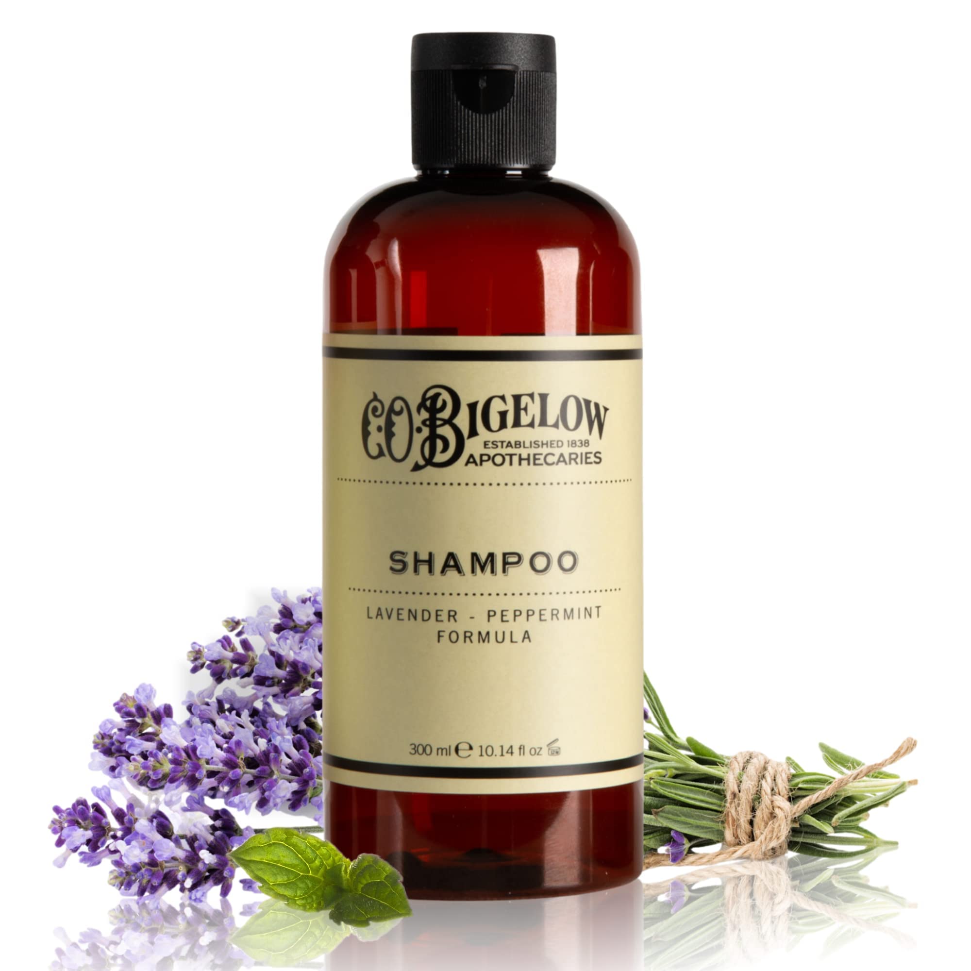 C.O. Bigelow Lavender Peppermint Shampoo bottle highlights soothing, sulfate-free cleansing.