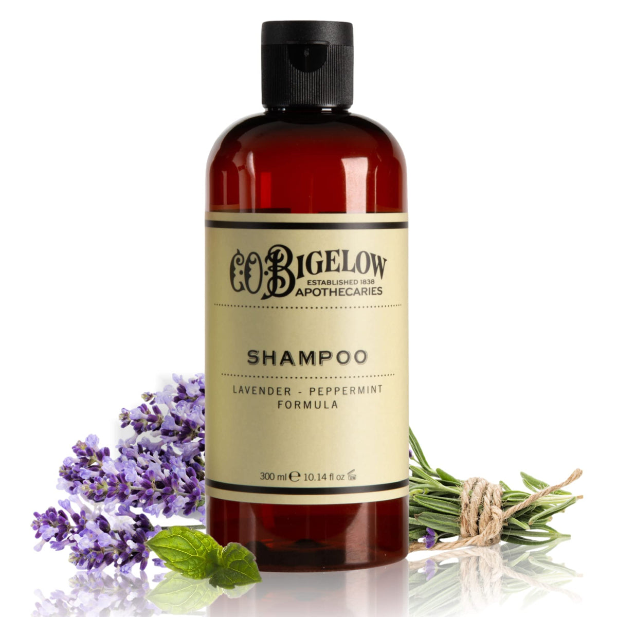 C.O. Bigelow Lavender Peppermint Shampoo bottle highlights soothing, sulfate-free cleansing.