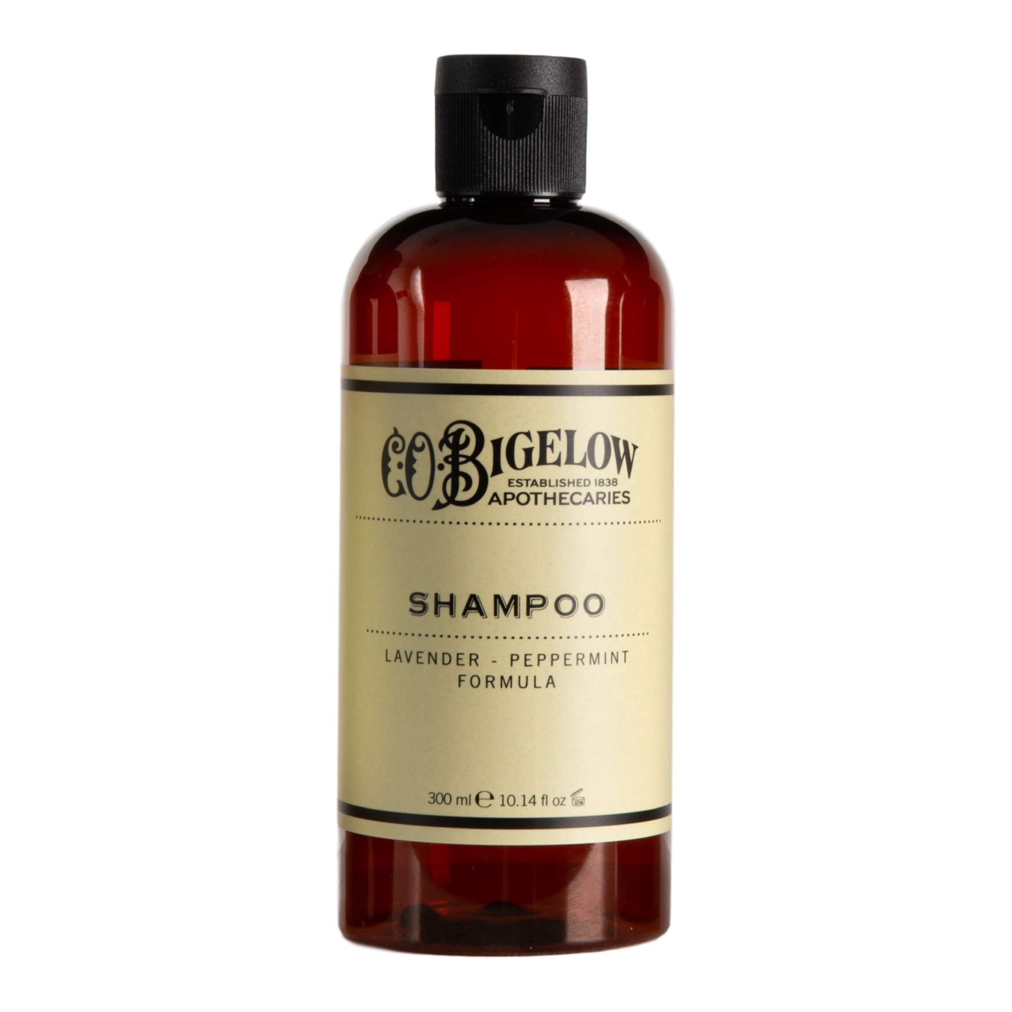 C.O. Bigelow Lavender Peppermint Shampoo packaging signals USA-made, daily-use bottle.